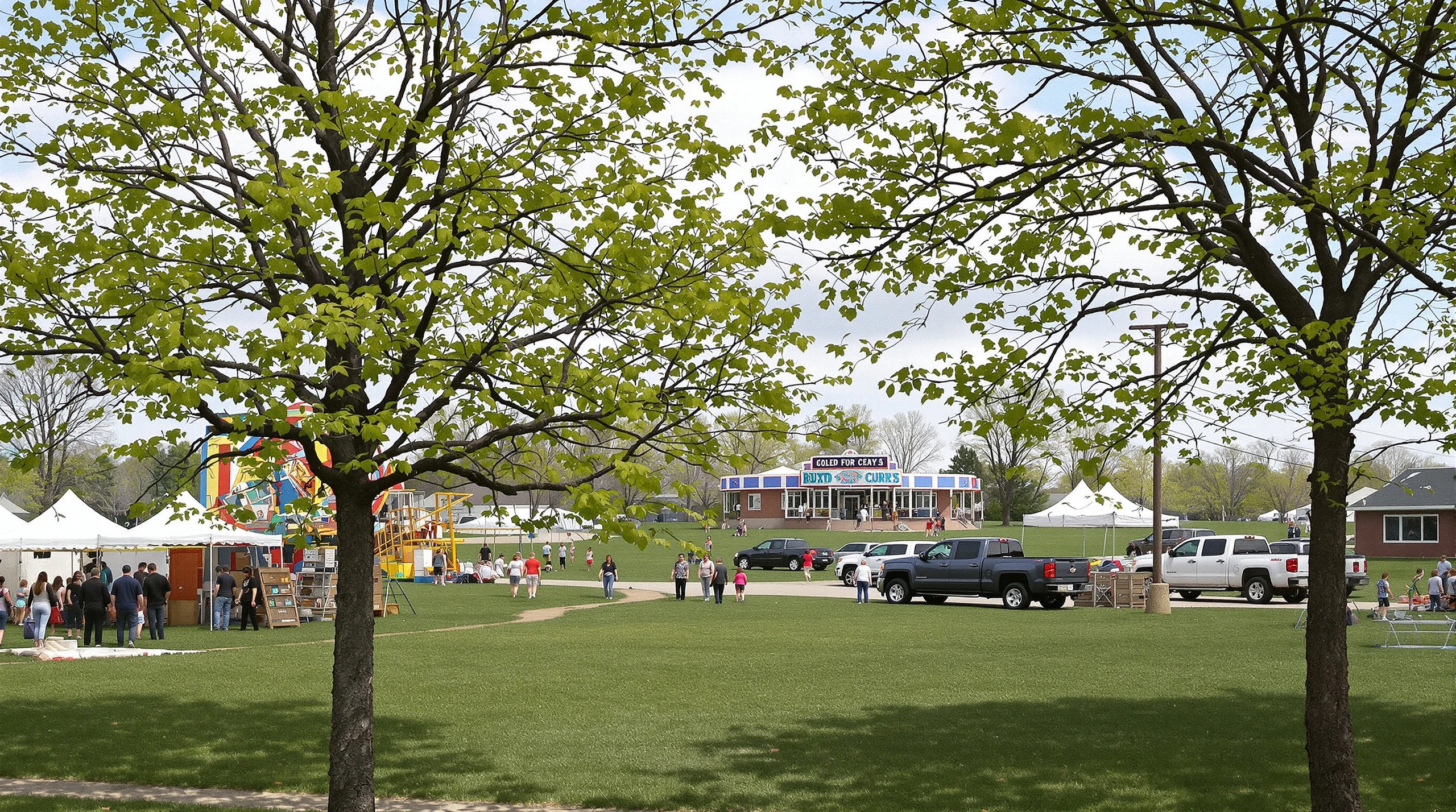 A community spring fair with midway rides and tents set up on the grounds of a small-town arena surrounded by green trees.
