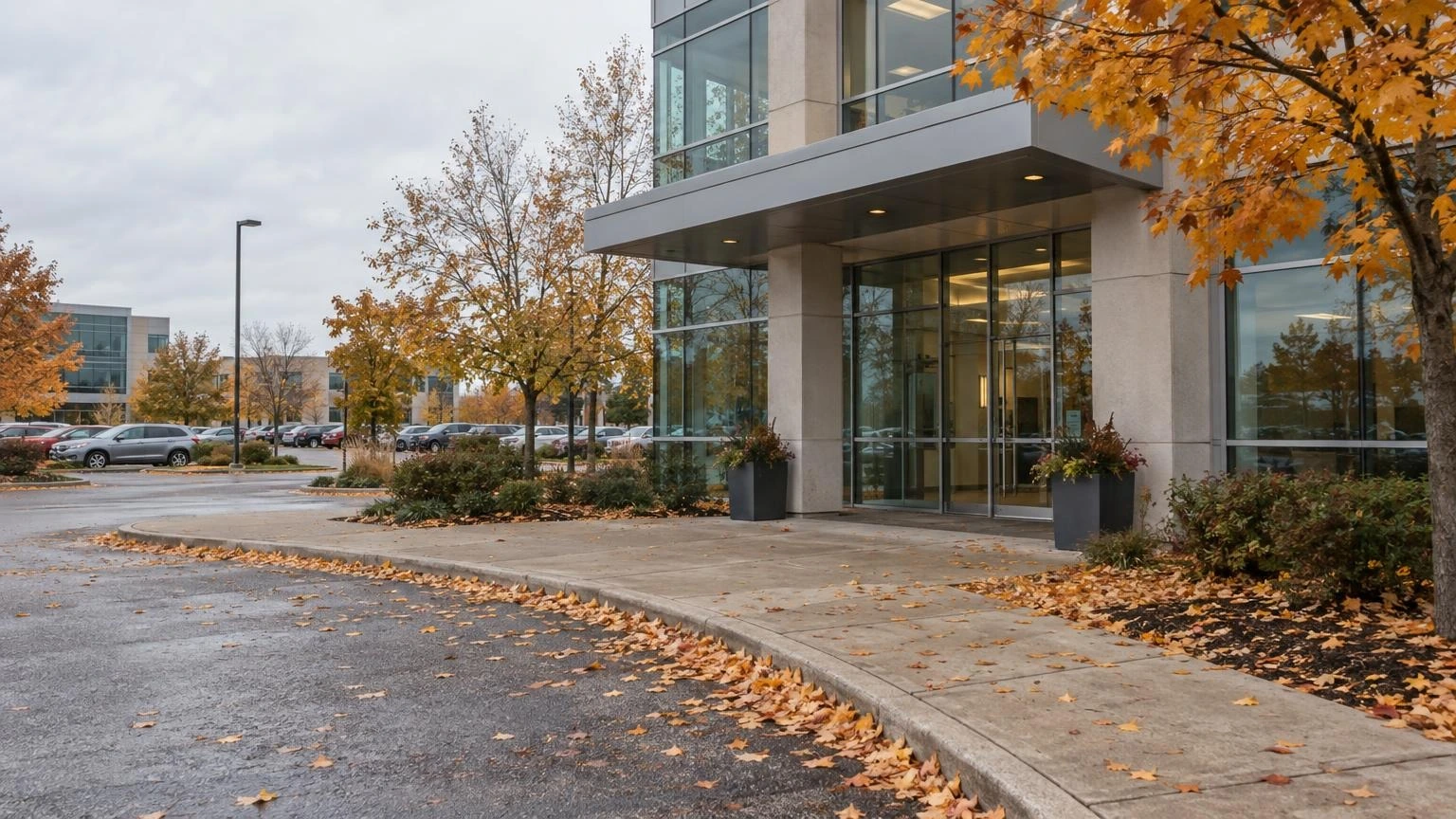 An outdoor shot of a modern professional office building entrance in a suburban Ontario business park during autumn.