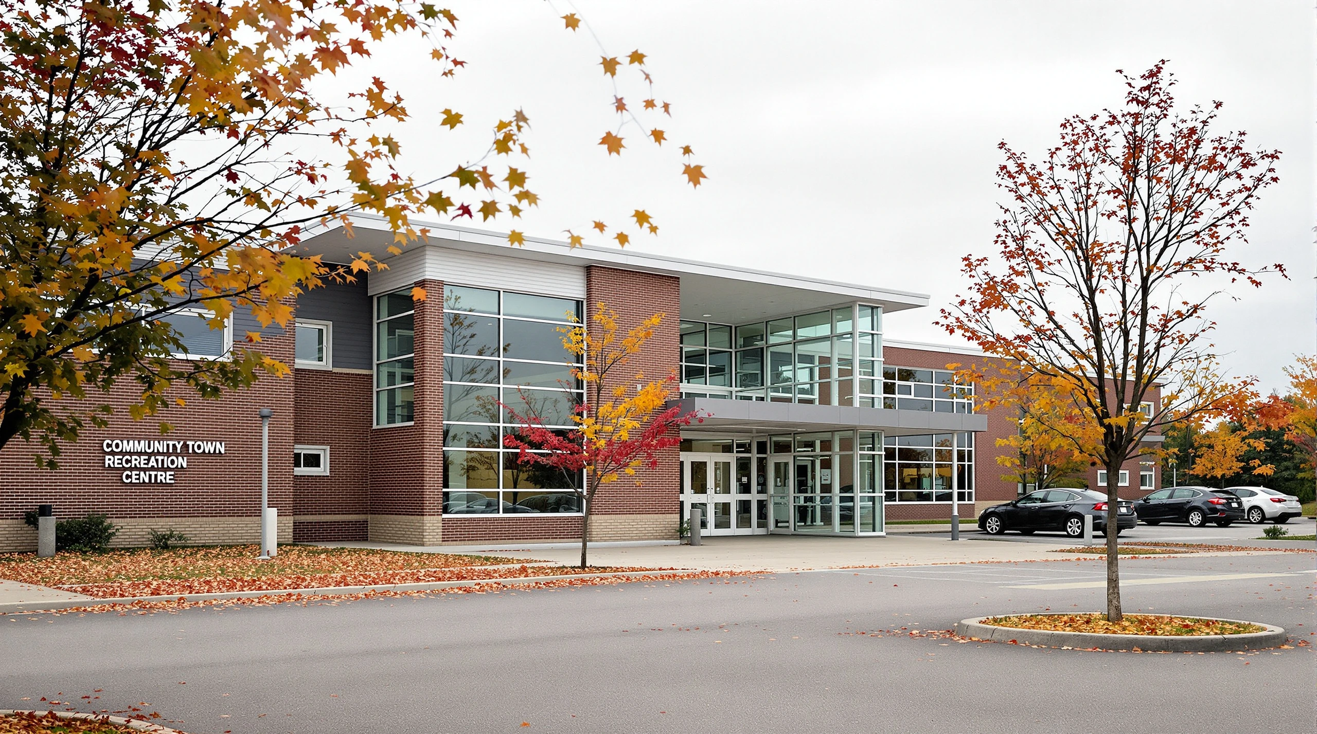 A community centre building in autumn with orange trees and a parking lot.