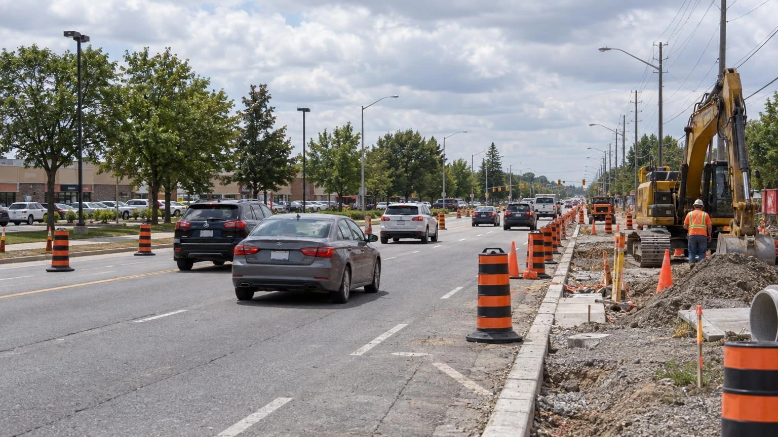Traffic cones and construction barricades along a multi-lane suburban road in Pickering, Ontario.