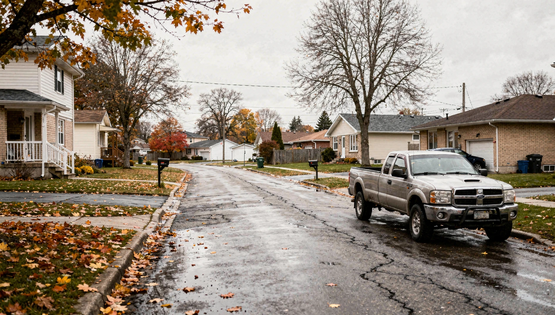 A residential street in Niagara Falls, Ontario, under an overcast autumn sky.