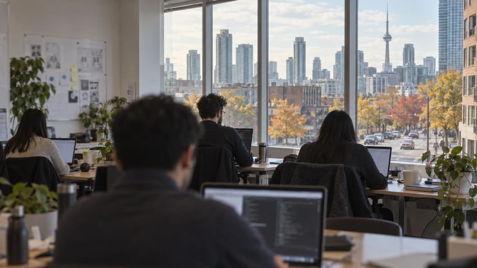 Software developers working at laptops in a Toronto startup office with a view of autumn streets outside.