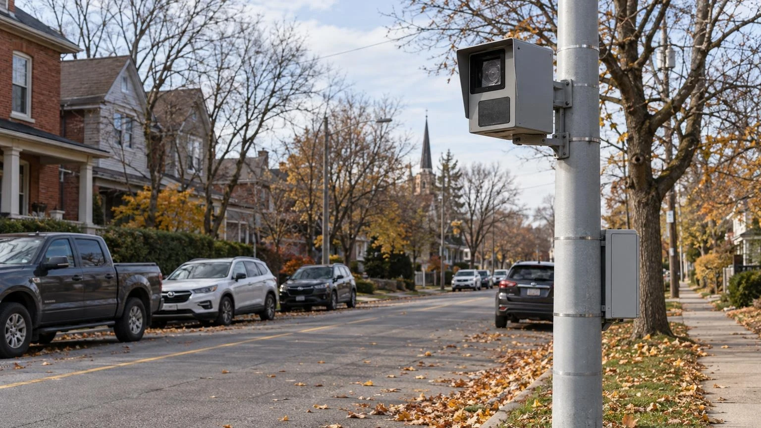 A close-up of a speed enforcement camera mounted on a pole overlooking a residential street in Ontario during autumn.