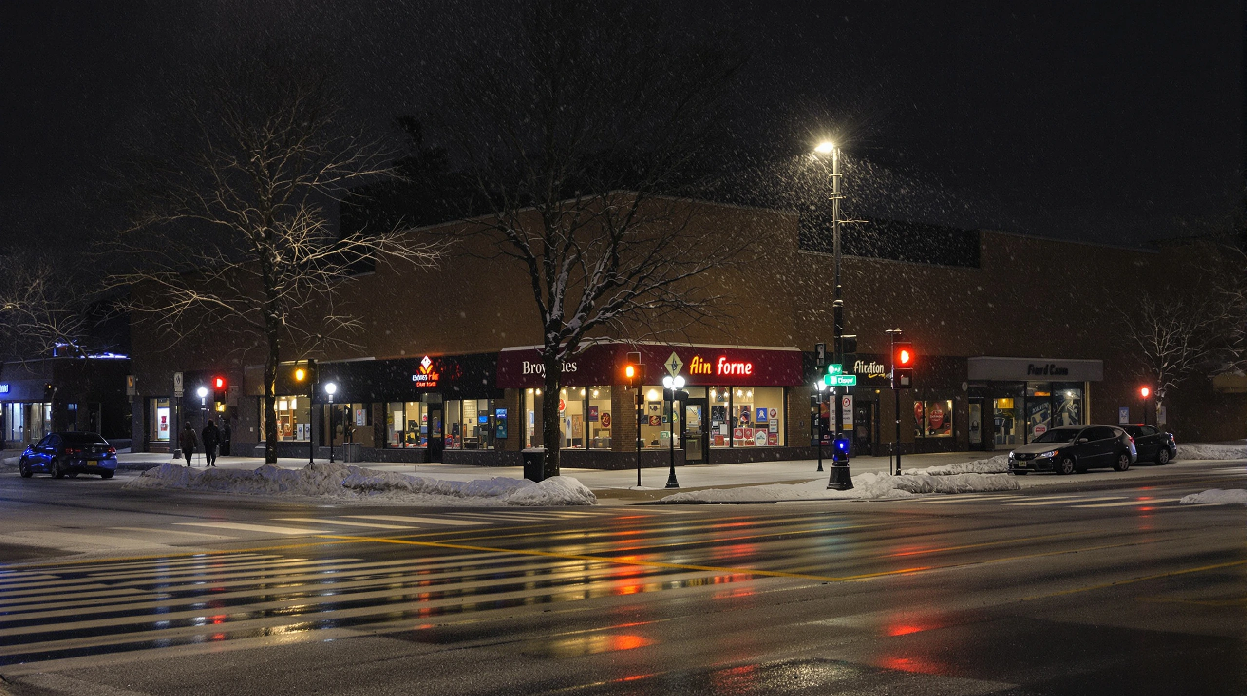 A snowy small-town Ontario intersection at night with traffic lights and dark storefronts.