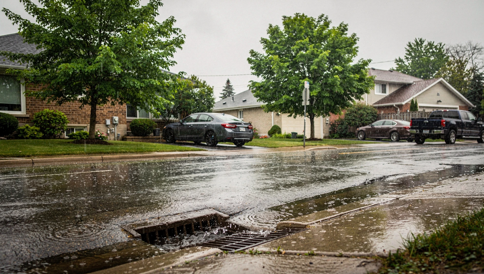 Illustration of rain on a suburban Mississauga street, with water flowing toward a storm drain.