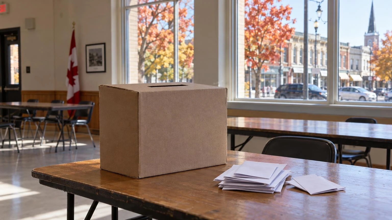 A close-up of a cardboard ballot box and folded paper ballots sitting on a table in a community centre.