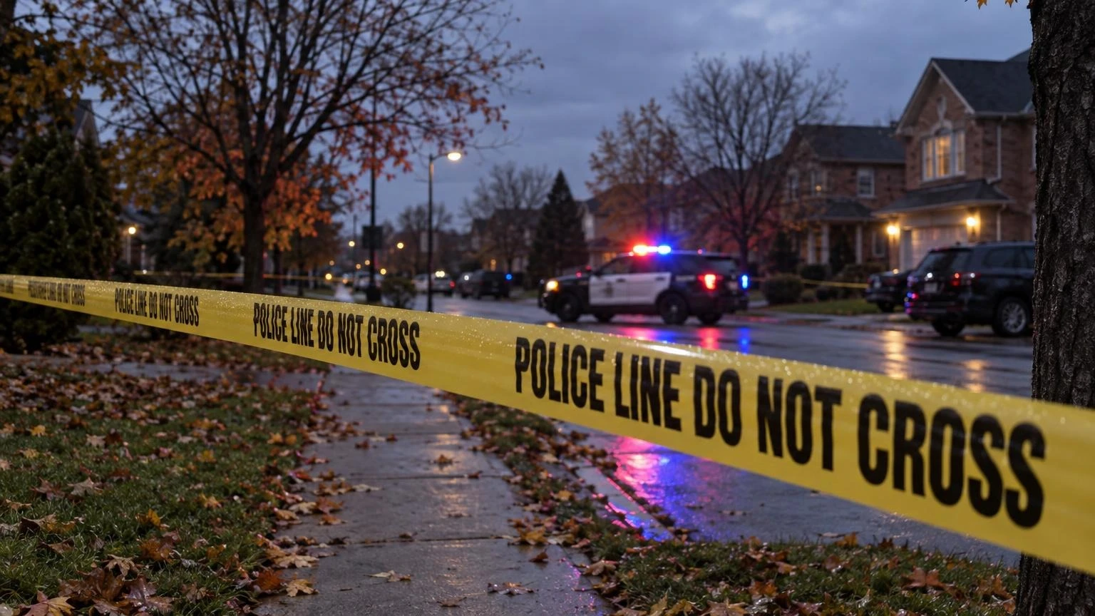 A close-up of yellow police tape stretched across a residential sidewalk at dusk, with blurred police cruiser lights in the background.