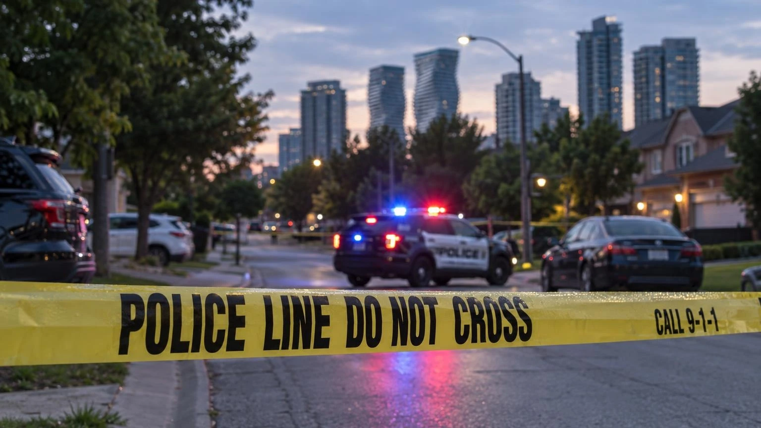 A close-up of yellow police tape stretched across a suburban street at dusk, with blurred blue and red emergency lights in the background.