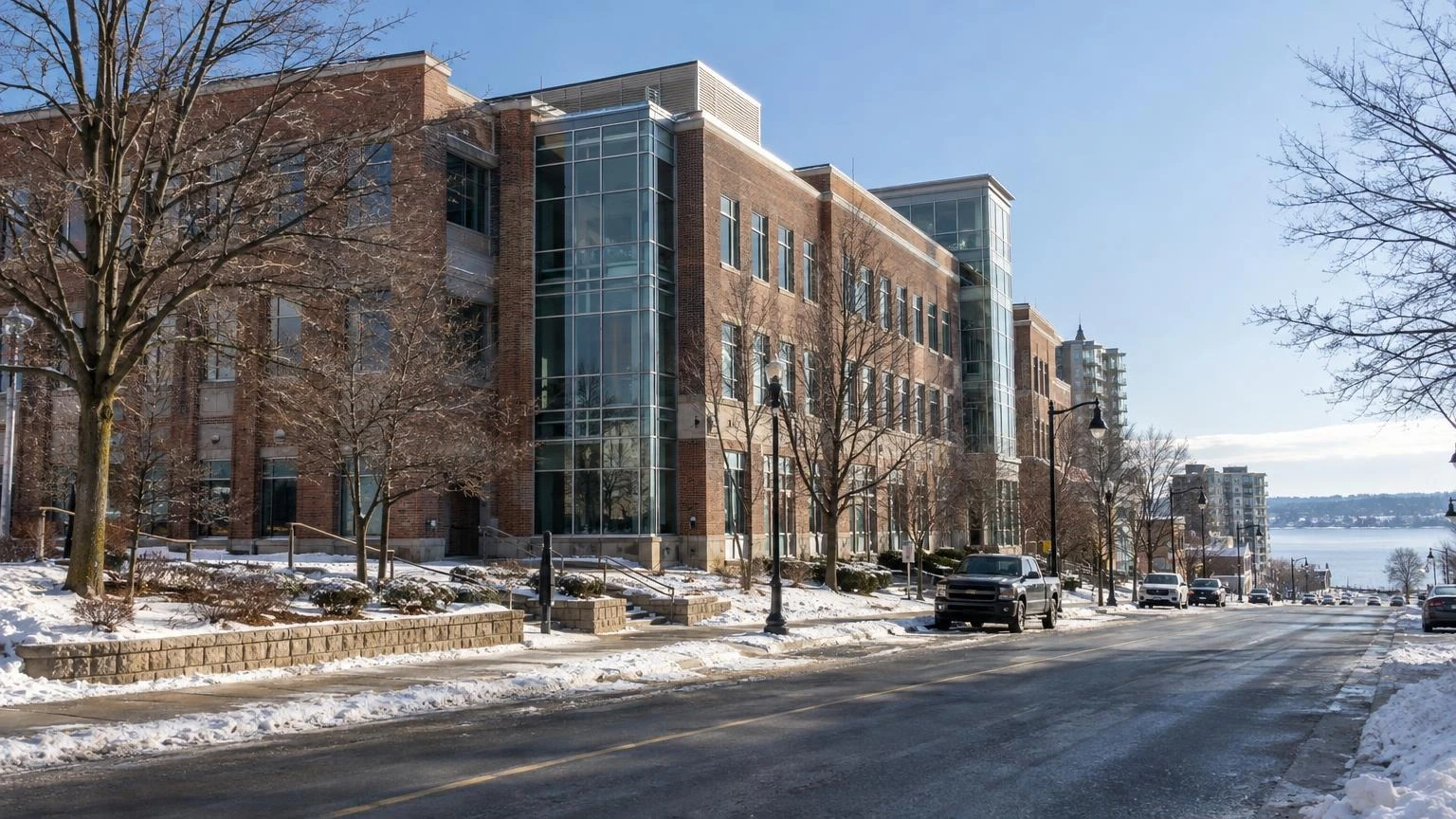 The exterior of a multi-story brick building in downtown Barrie, Ontario, under a clear winter sky.