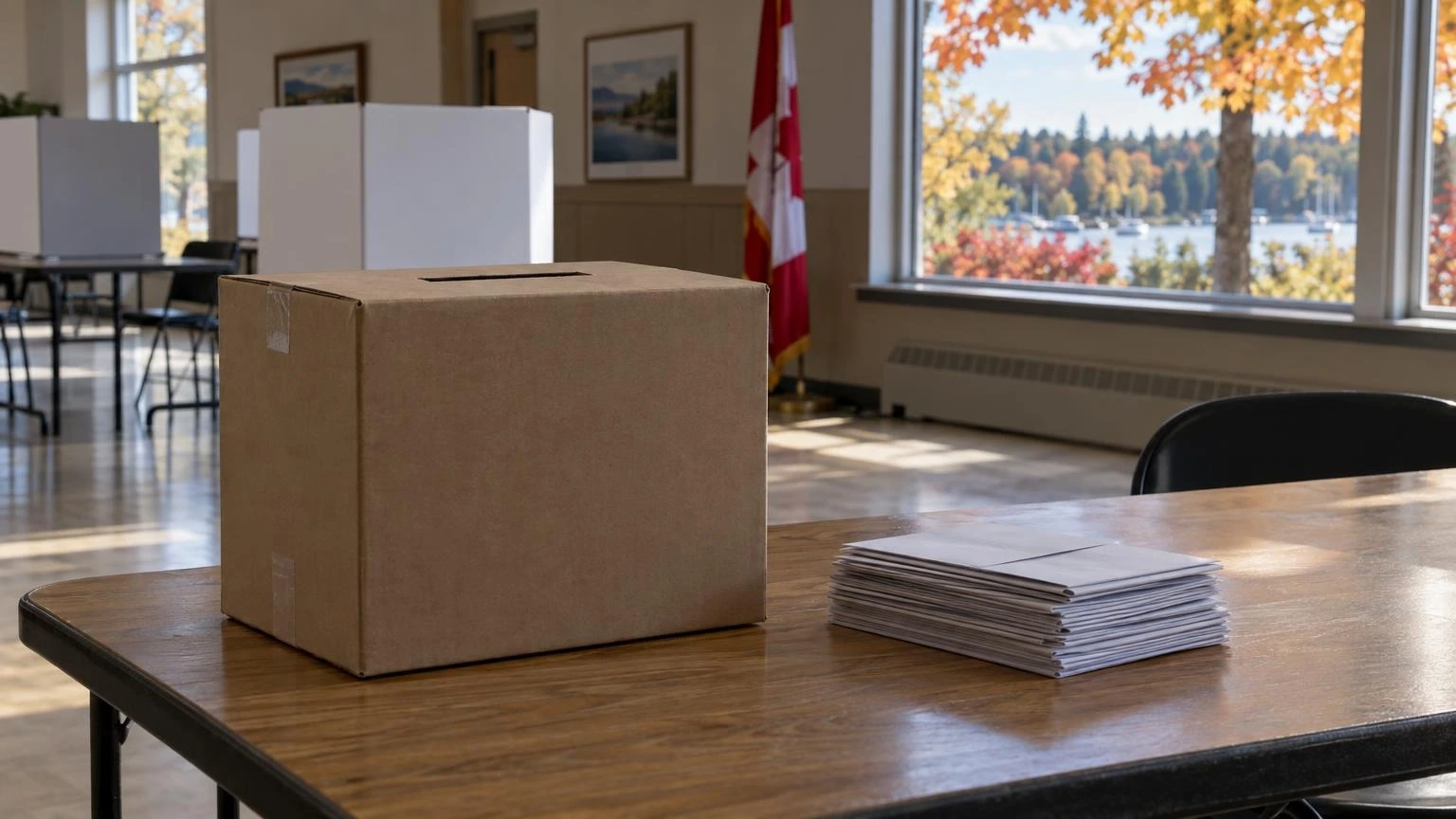 A close-up of a paper ballot and a cardboard ballot box in a community centre setting.