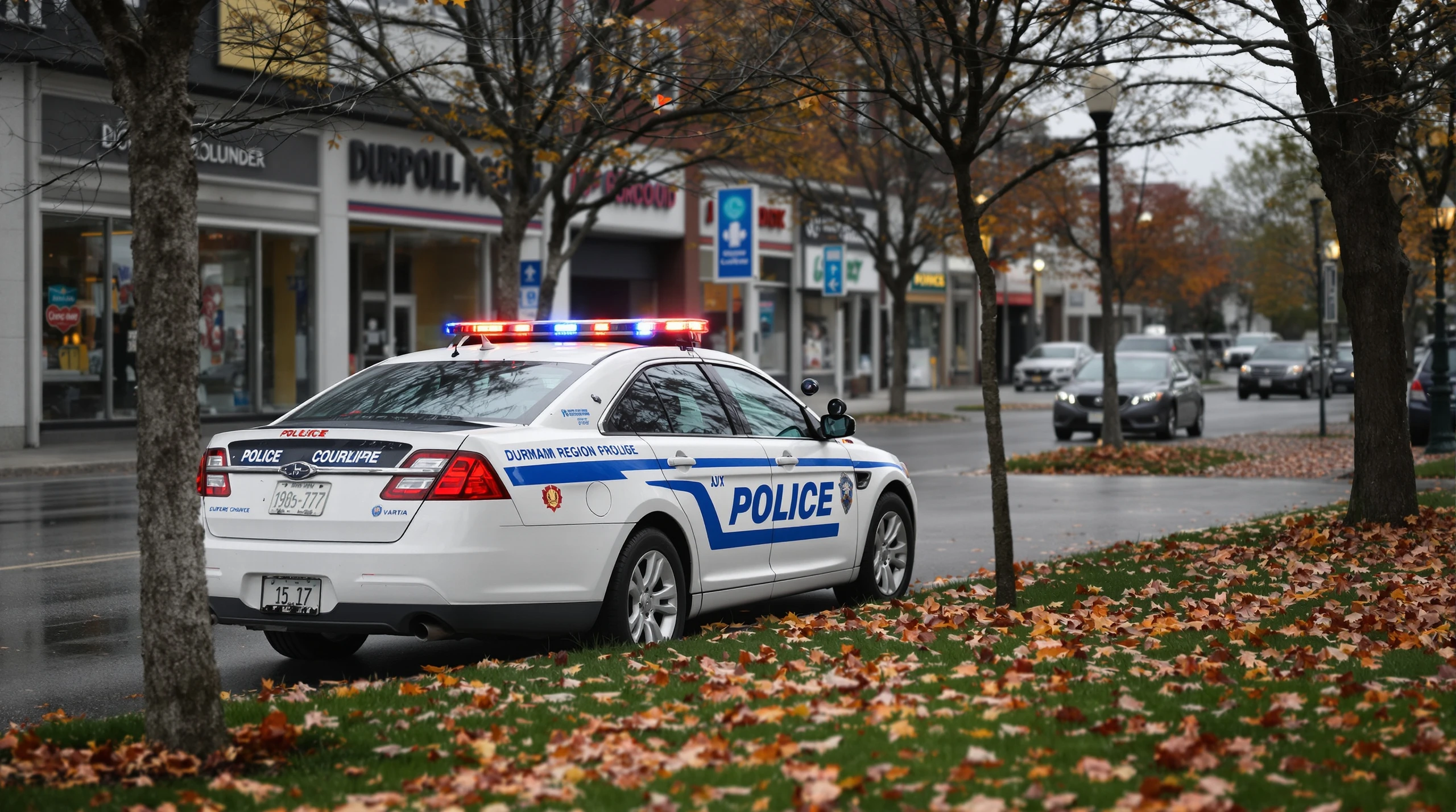 A police cruiser parked on a suburban street at dusk with autumn leaves on the ground.