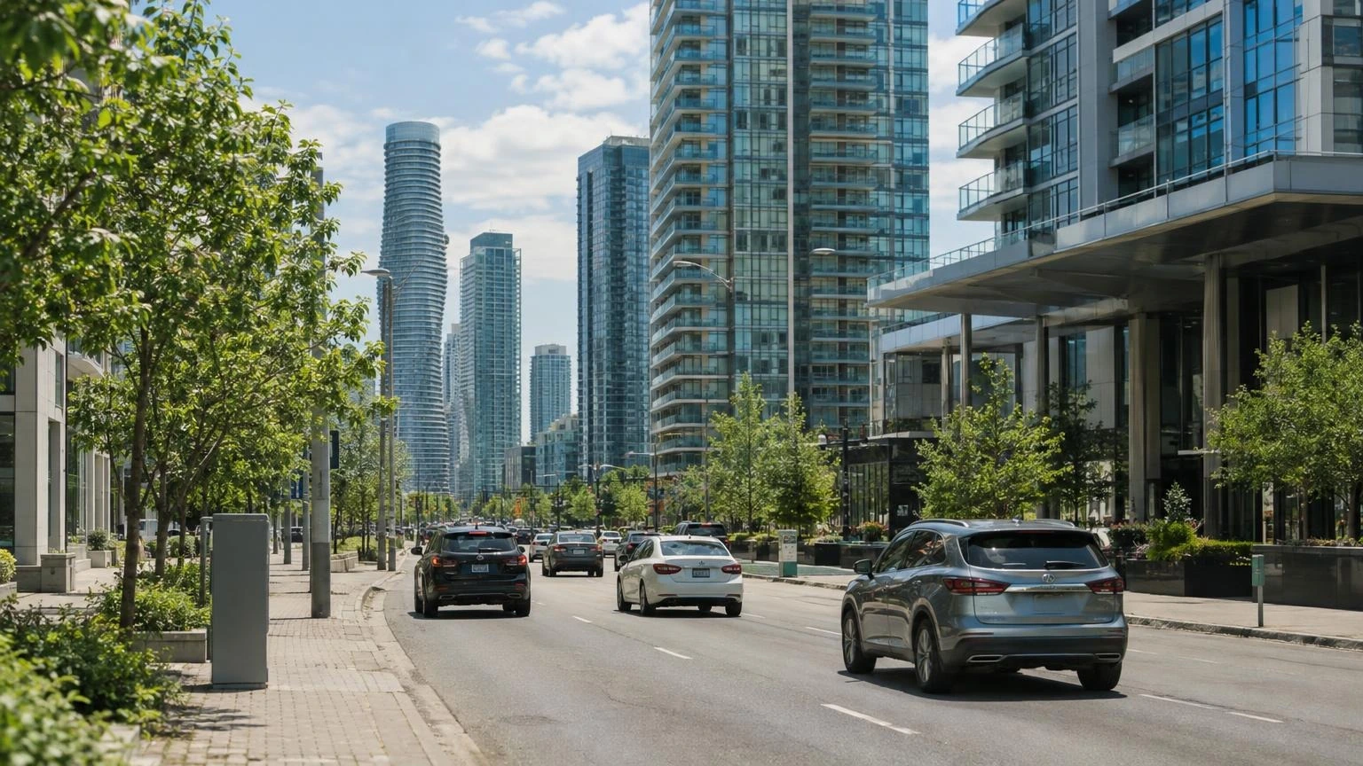 A view of a street in downtown Toronto featuring high-rise buildings and city traffic.