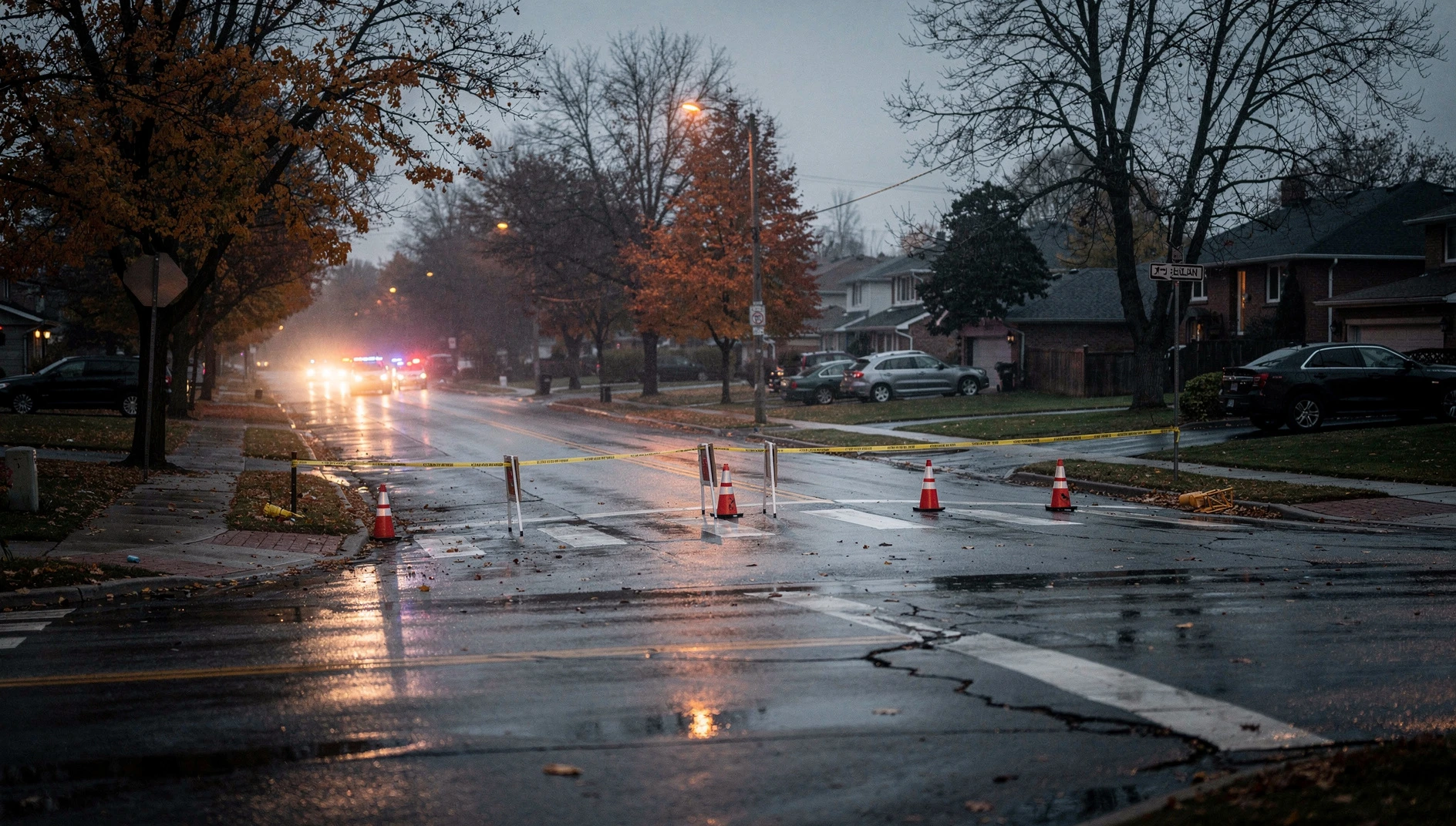 Police tape and cruisers blocking a lane at a dimly lit suburban intersection in autumn.