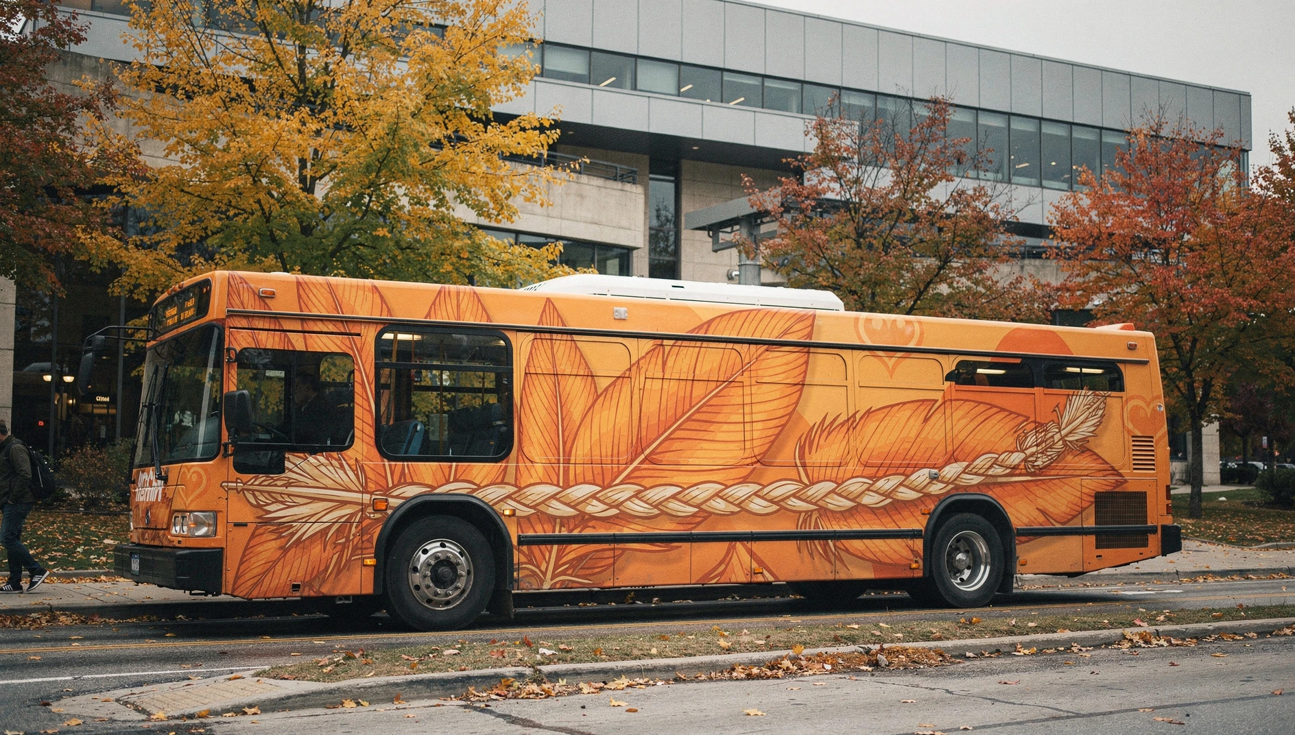 A Durham Region Transit bus wrapped in orange artwork featuring a feather, sweetgrass braid and heart designs.
