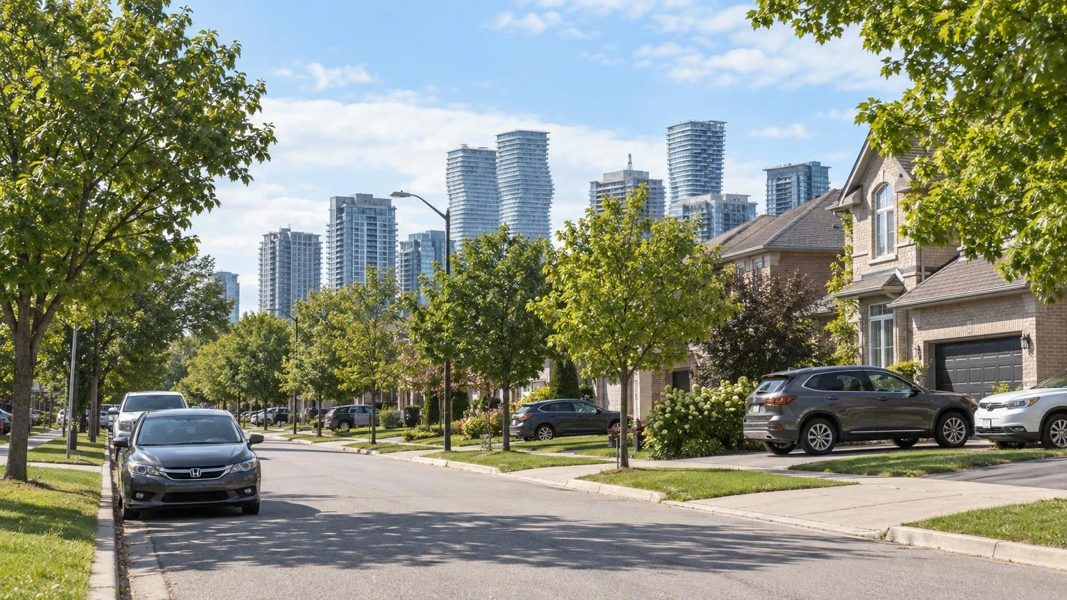 A residential street in Mississauga with suburban houses and parked cars under a clear September sky.