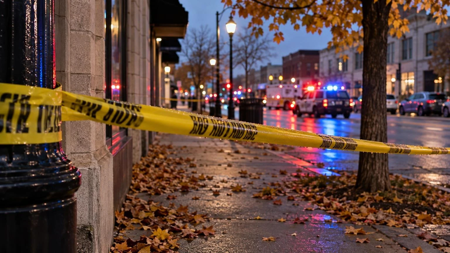 A close-up view of yellow police tape stretched across a sidewalk at dusk, with blurred red and blue emergency lights in the background.