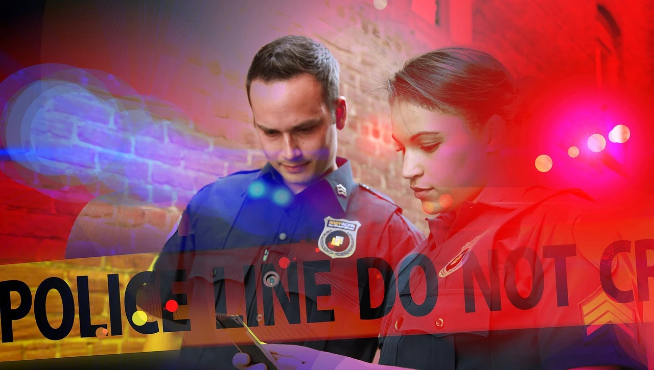 A close-up of yellow police tape stretched across a sidewalk at dusk, with blurred blue and red emergency lights in the background.