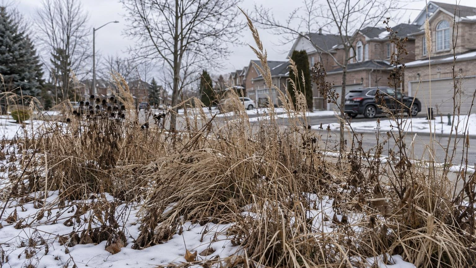 Close-up of tall, dried grass and weeds in a residential yard covered with light snow.