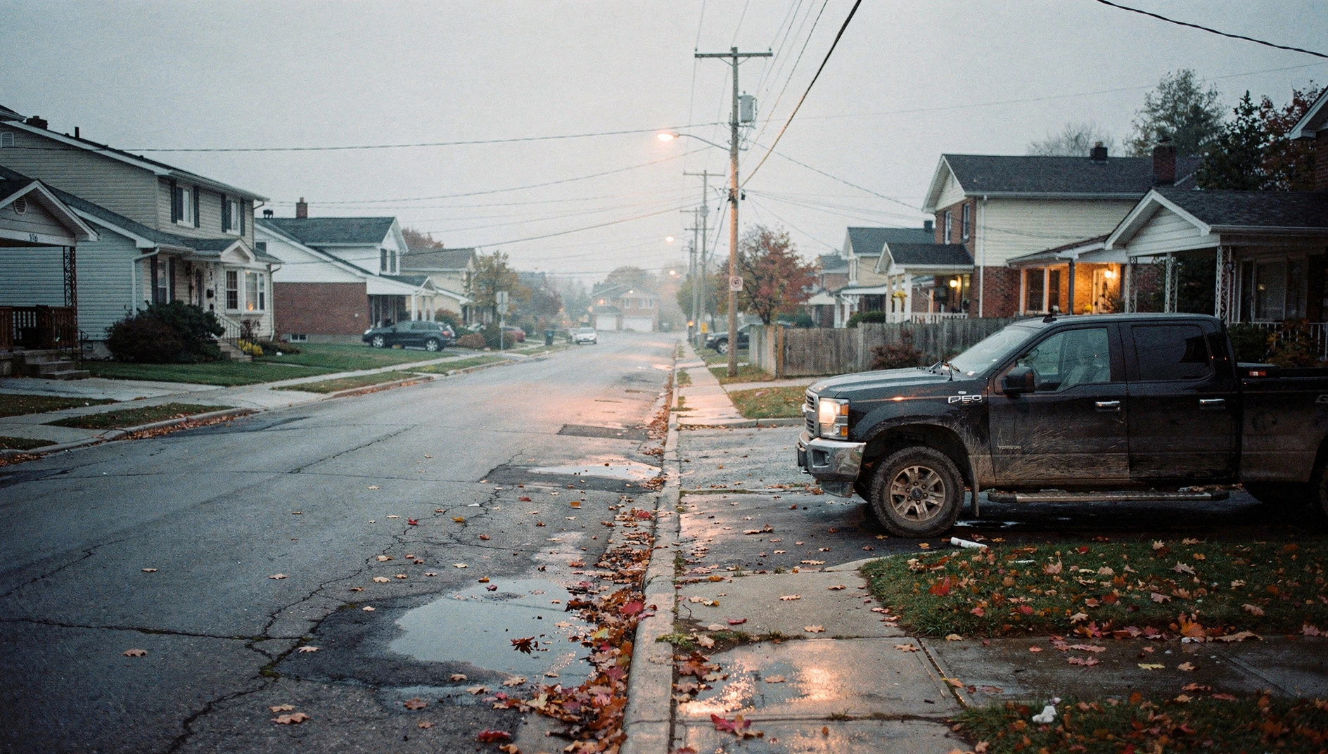 A quiet residential street in Niagara Falls at dusk with parked cars and suburban houses.