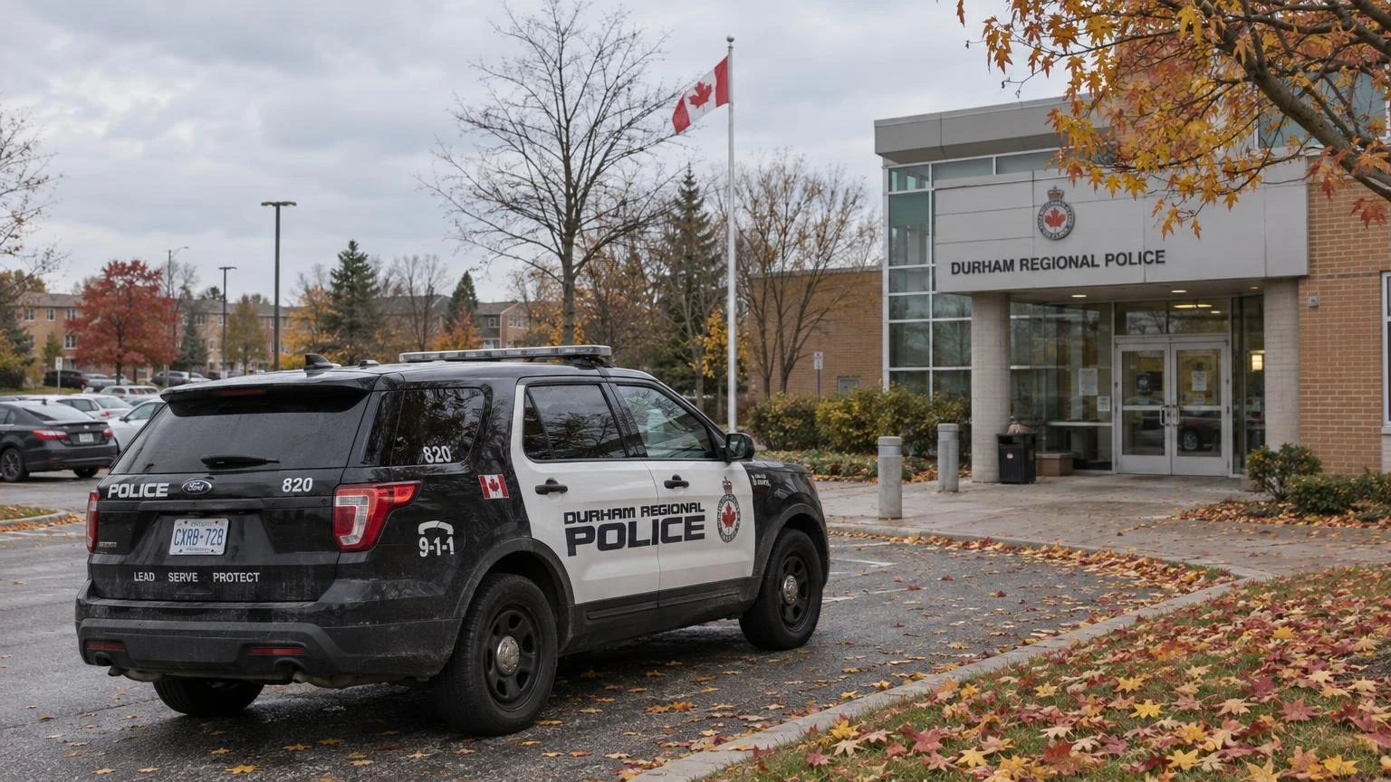 An Ontario police cruiser parked outside a suburban police station with autumn leaves on the ground.