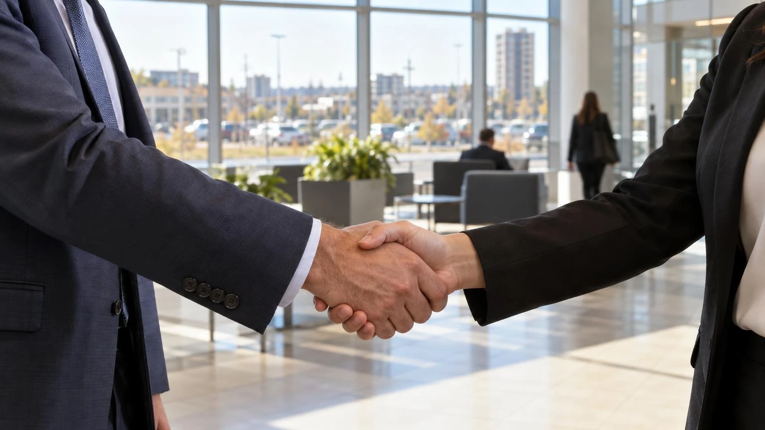 A close-up of two professionals shaking hands in a modern corporate office setting.
