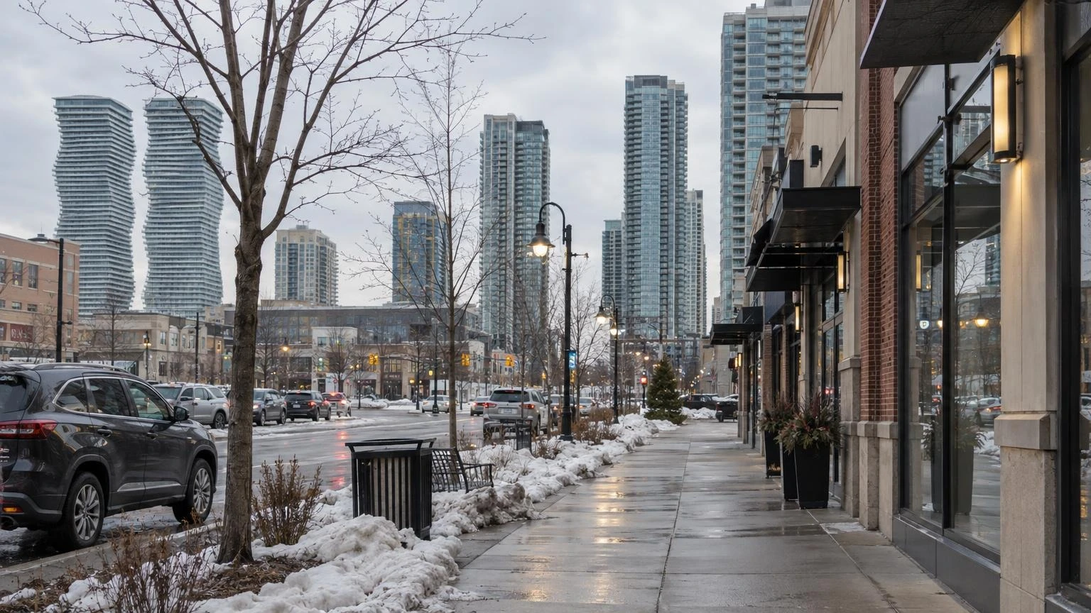A quiet street of commercial storefronts in an Ontario town during a grey winter afternoon.