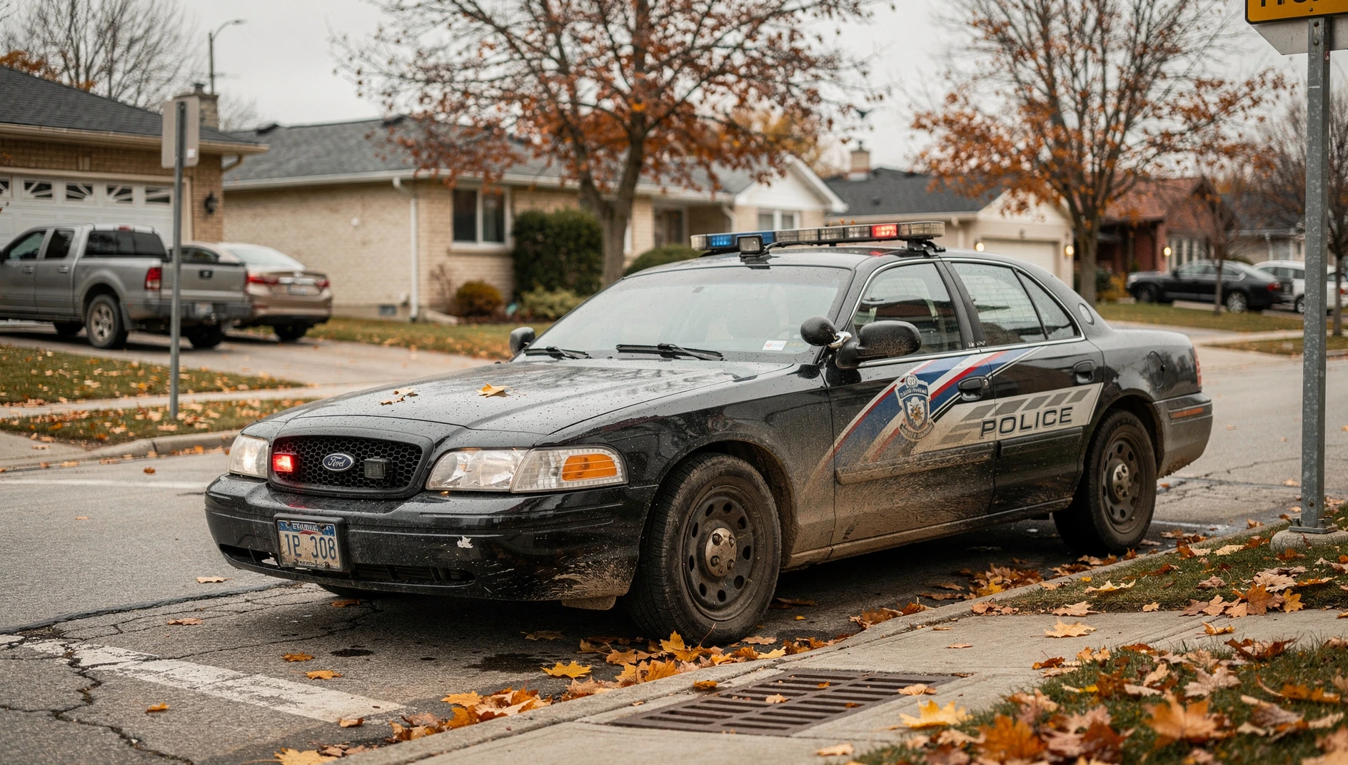 A police cruiser parked on a residential street in Ajax, Ontario, under autumn leaves.
