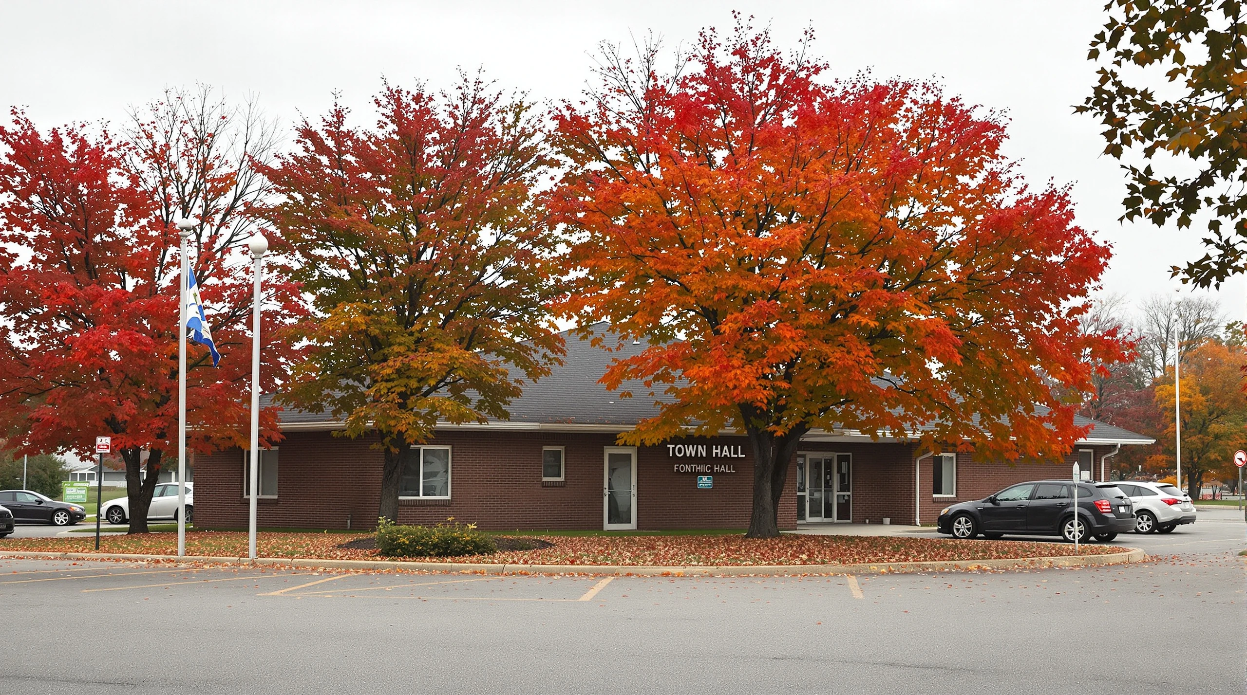 A brick municipal building with autumn trees in orange foliage and a small parking lot, photographed on an overcast fall day.