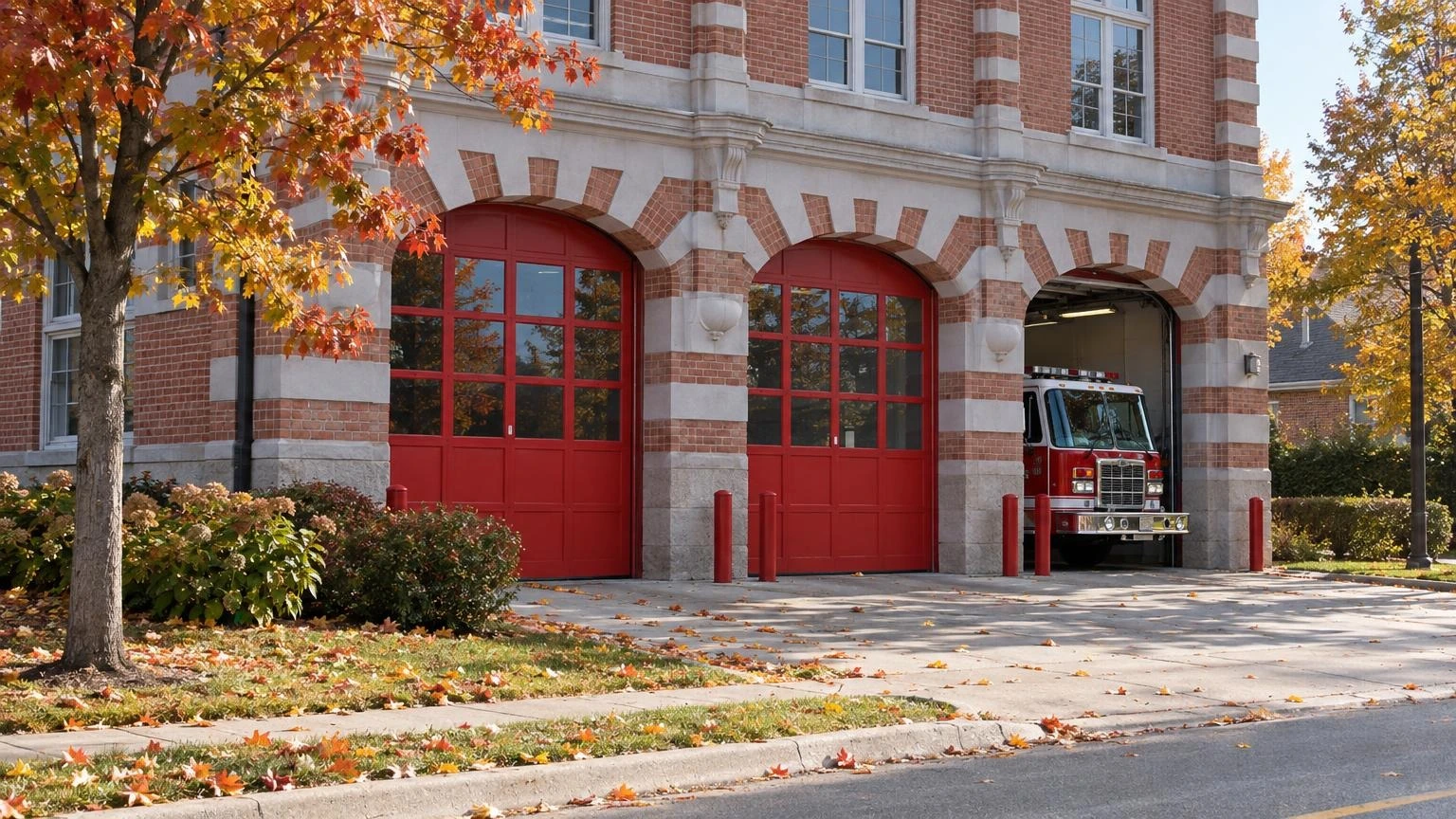 A photo of an Ontario fire station exterior with a fire truck parked in front during a crisp autumn day.