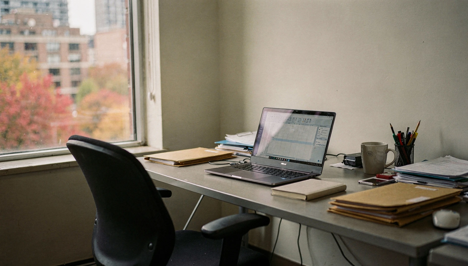 Illustration of a laptop and folders on a desk in a Toronto office, with autumn trees outside.