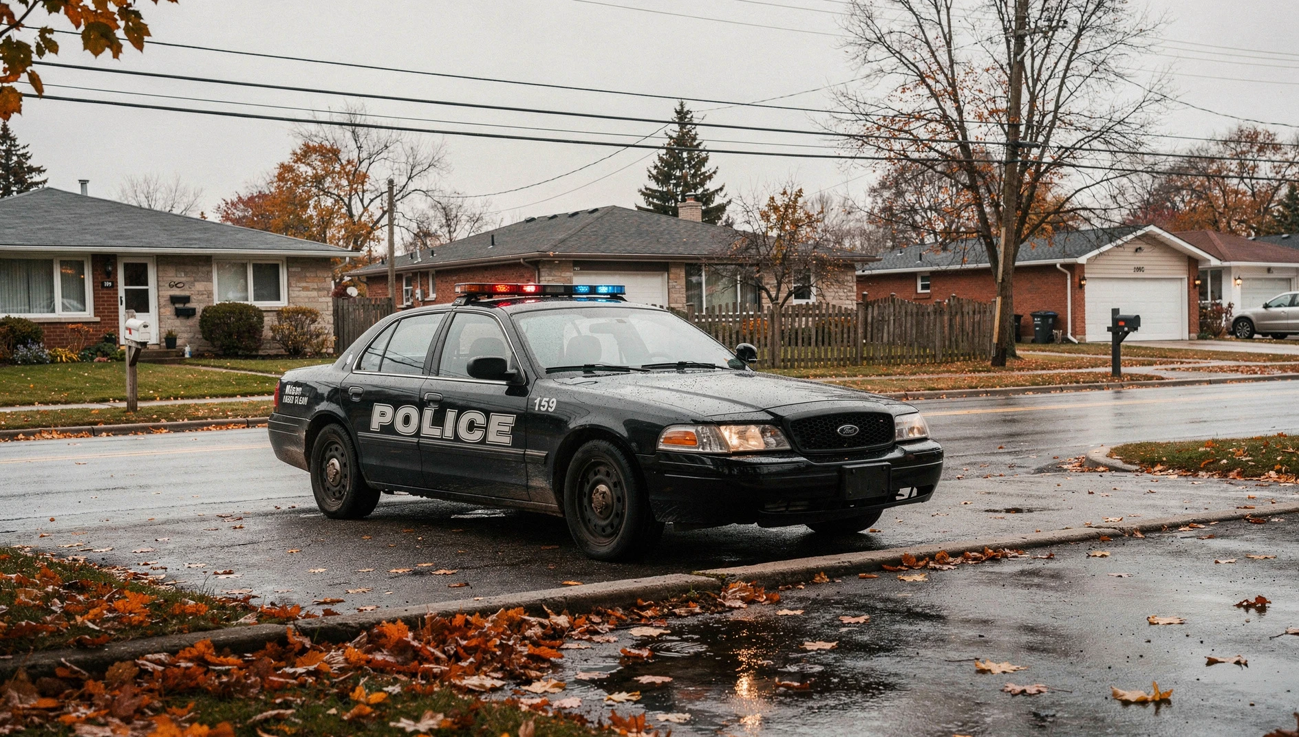 A police cruiser parked on a residential street in Ajax, Ontario, under an overcast autumn sky.