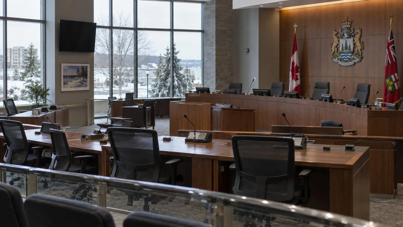 An empty city council chamber with wooden desks and microphones under soft indoor lighting.