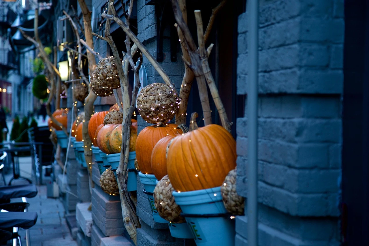 Illustration of a suburban porch decorated with glowing jack-o'-lanterns and fallen autumn leaves at dusk.