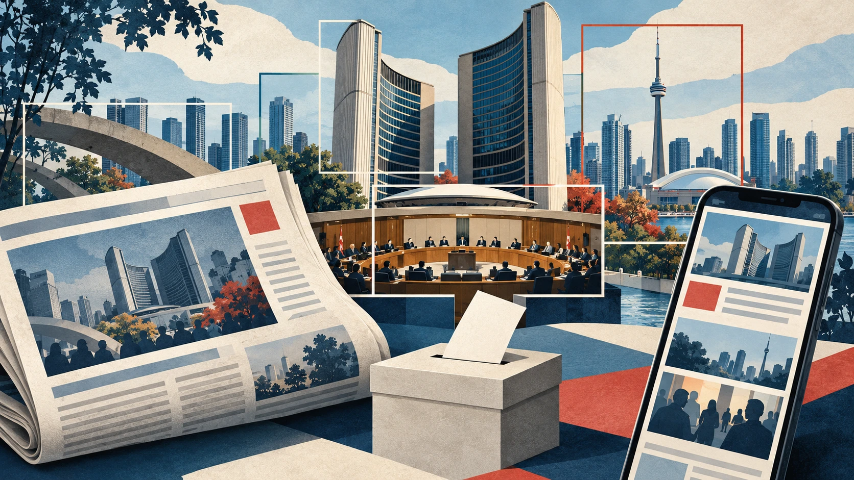 Illustration of Toronto City Hall framed by a newspaper, smartphone news feed and ballot box, representing media coverage of the municipal election.