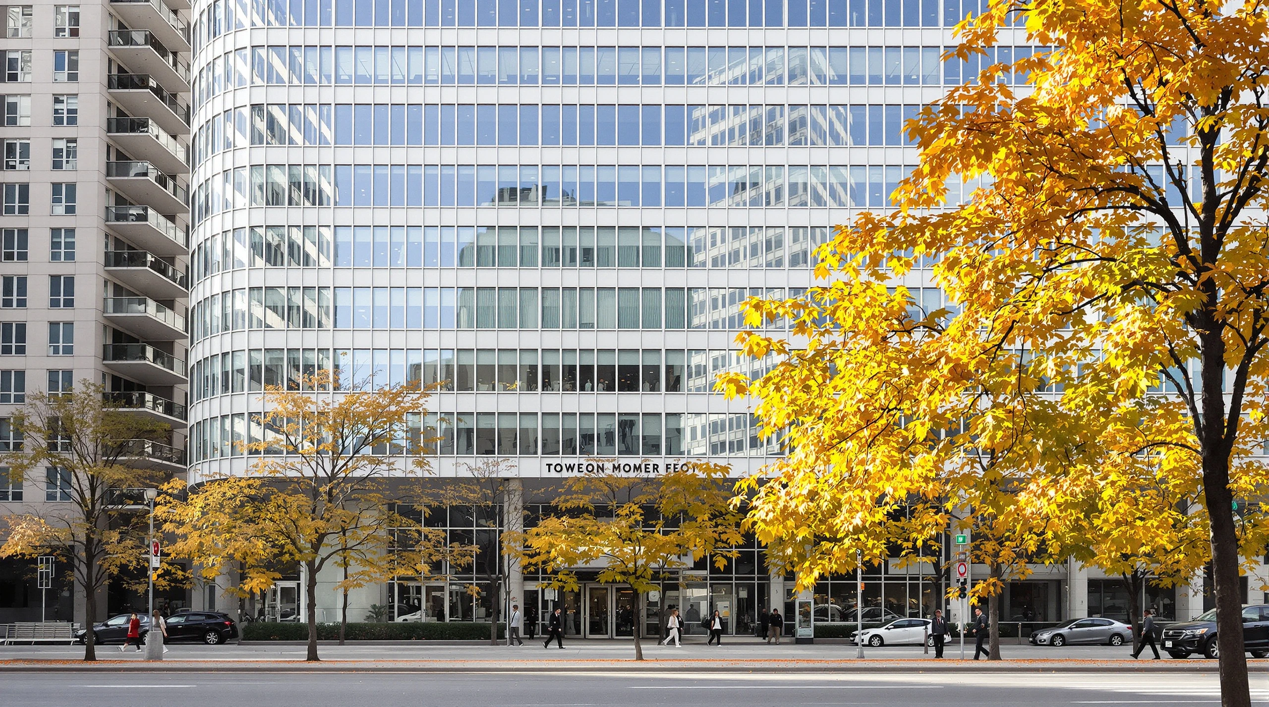 A modern commercial office building in downtown Toronto during an autumn afternoon.