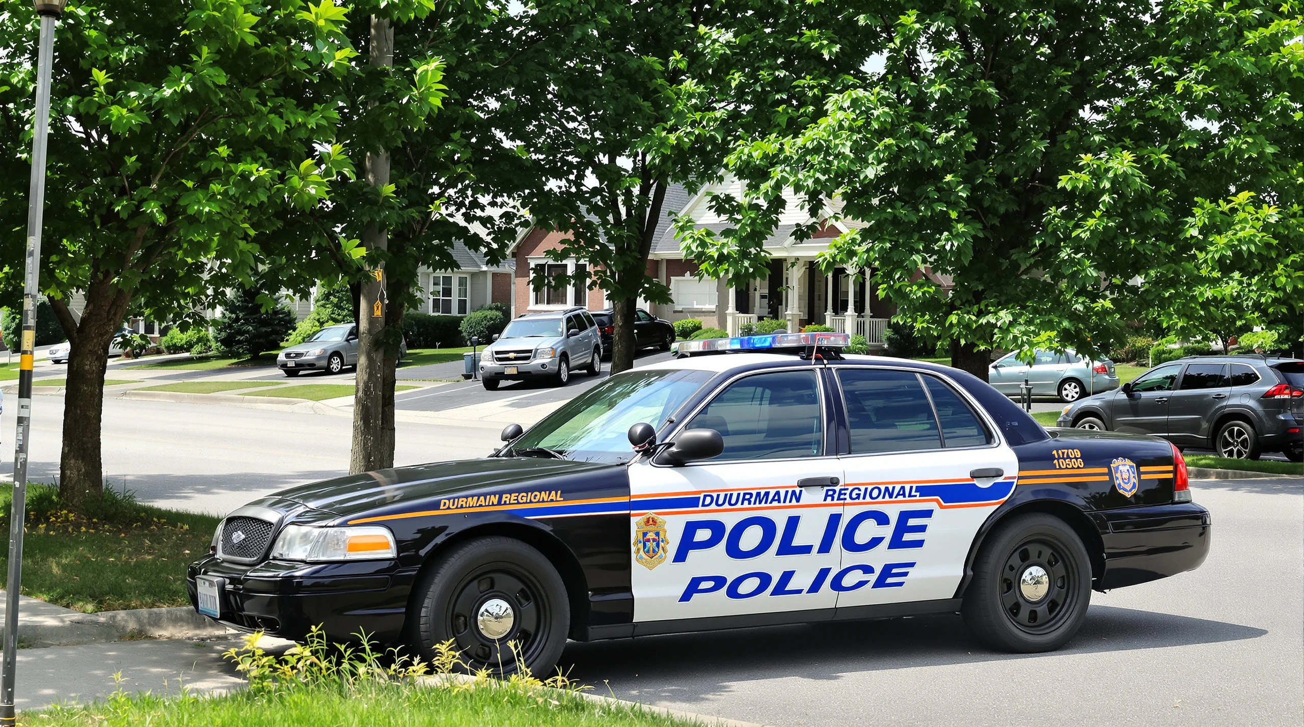 A police cruiser parked on a tree-lined suburban street in summer.