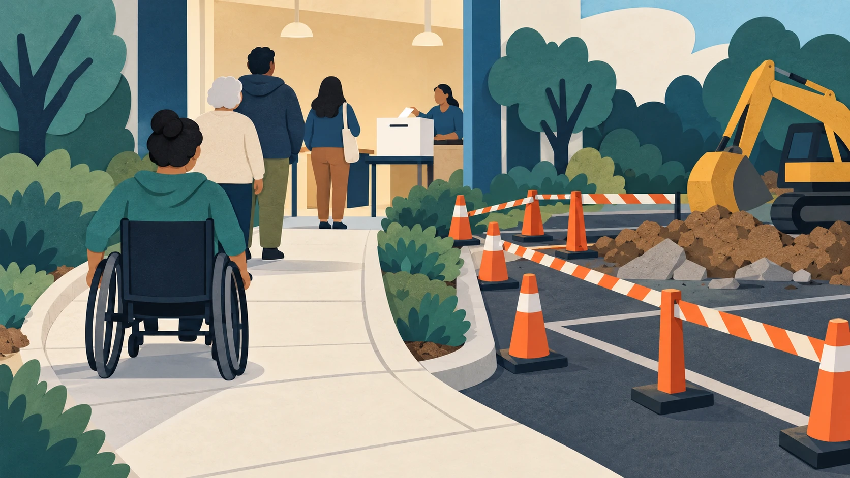 AI-generated conceptual illustration of accessible voting and construction barriers; not a photograph of Victoria Parks Community Centre.