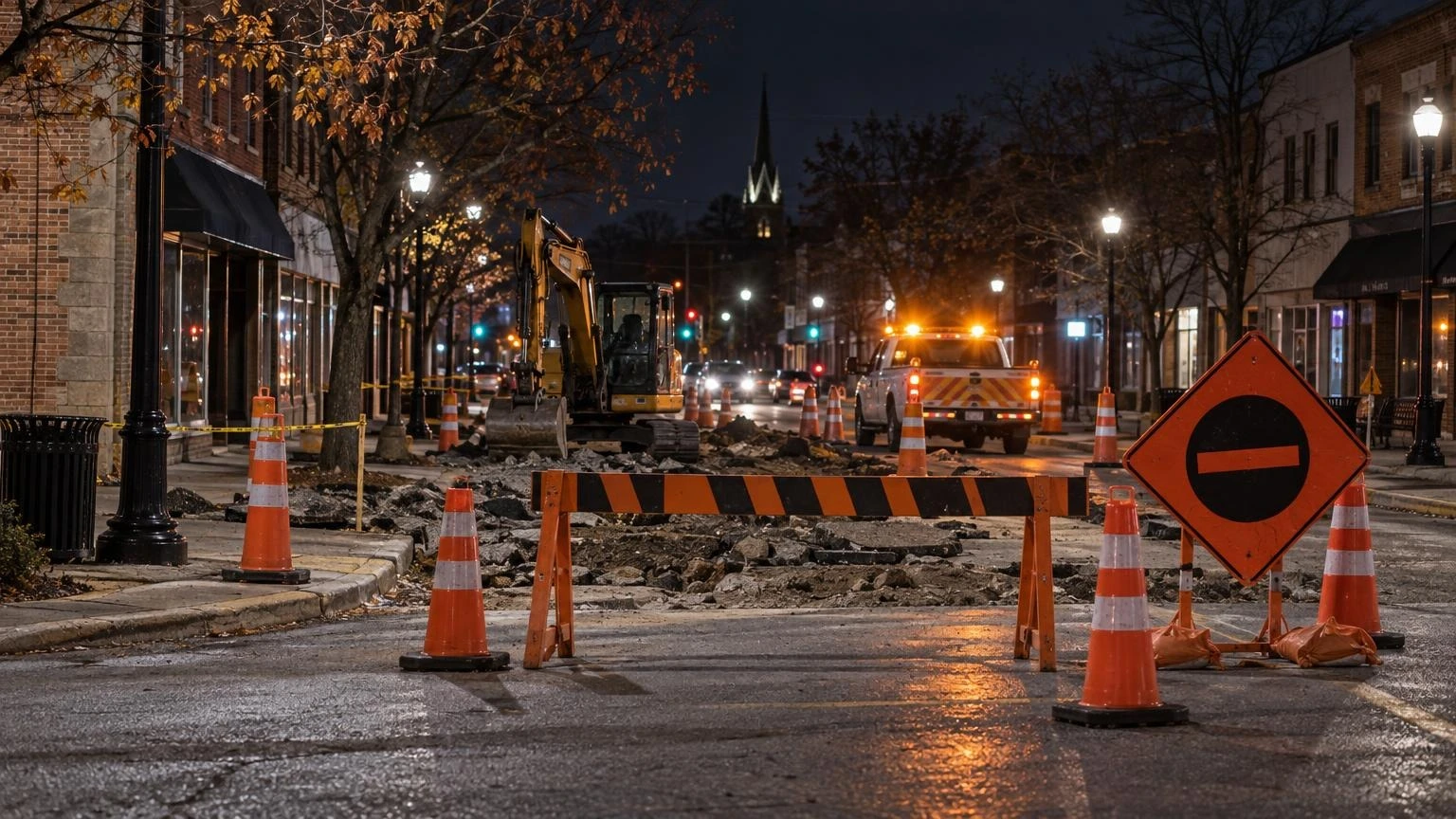 Orange traffic cones and construction barriers closing a street intersection at night with work vehicle lights in the background.