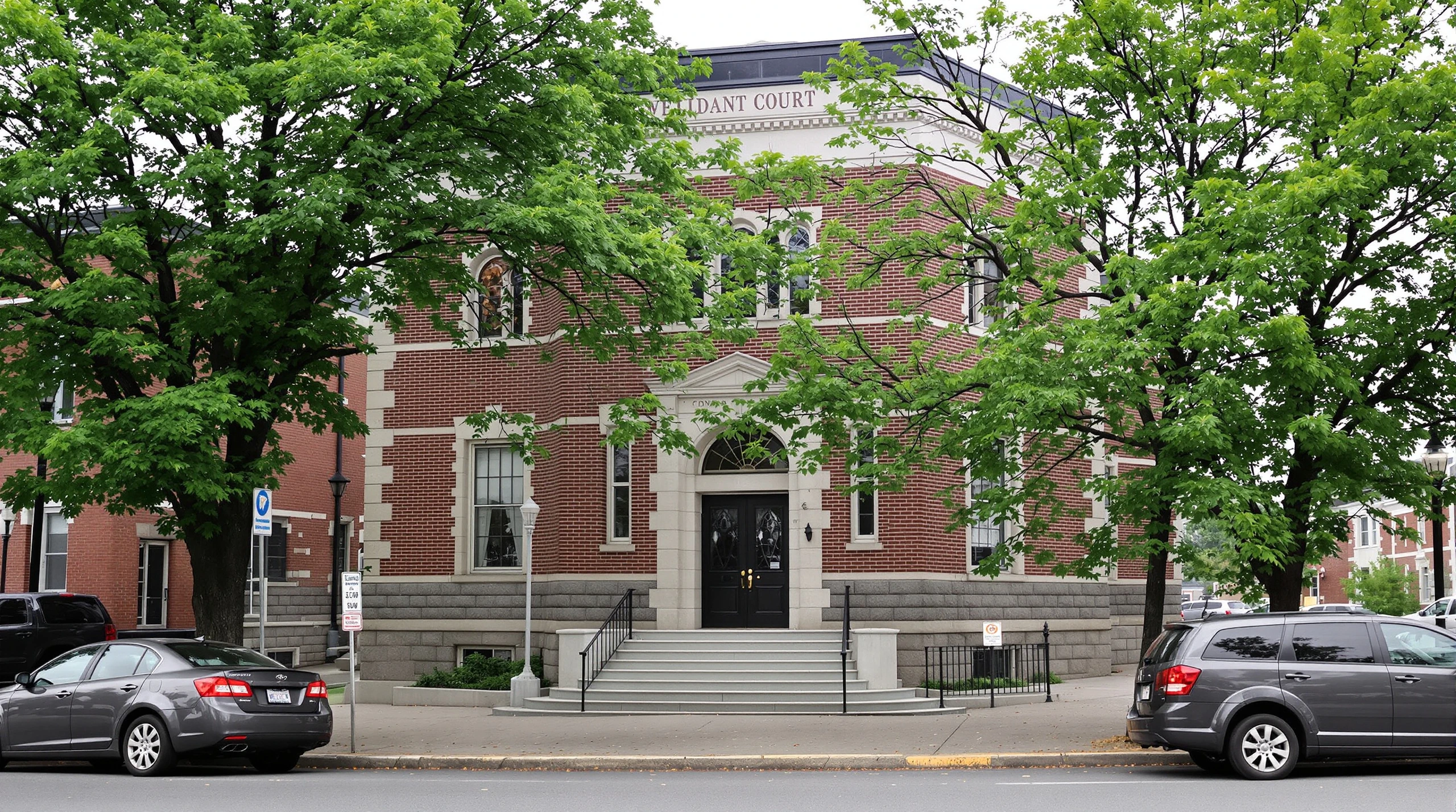 A brick and stone courthouse building on a downtown street with green summer trees.