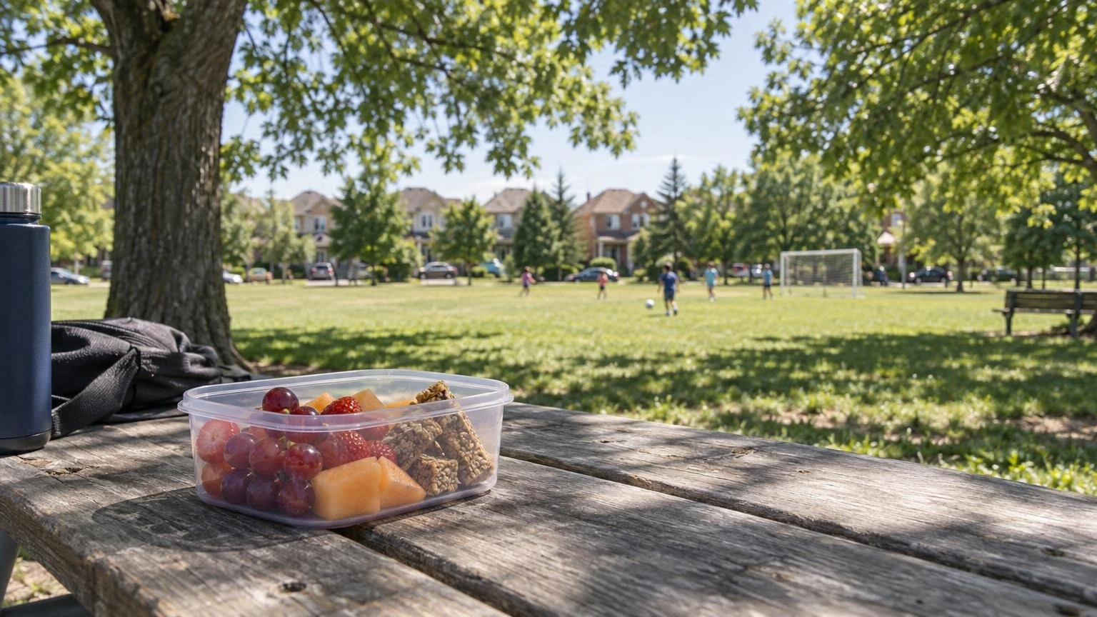 A wooden picnic table in a sunlit park with a healthy snack container, with a playground blurred in the background.