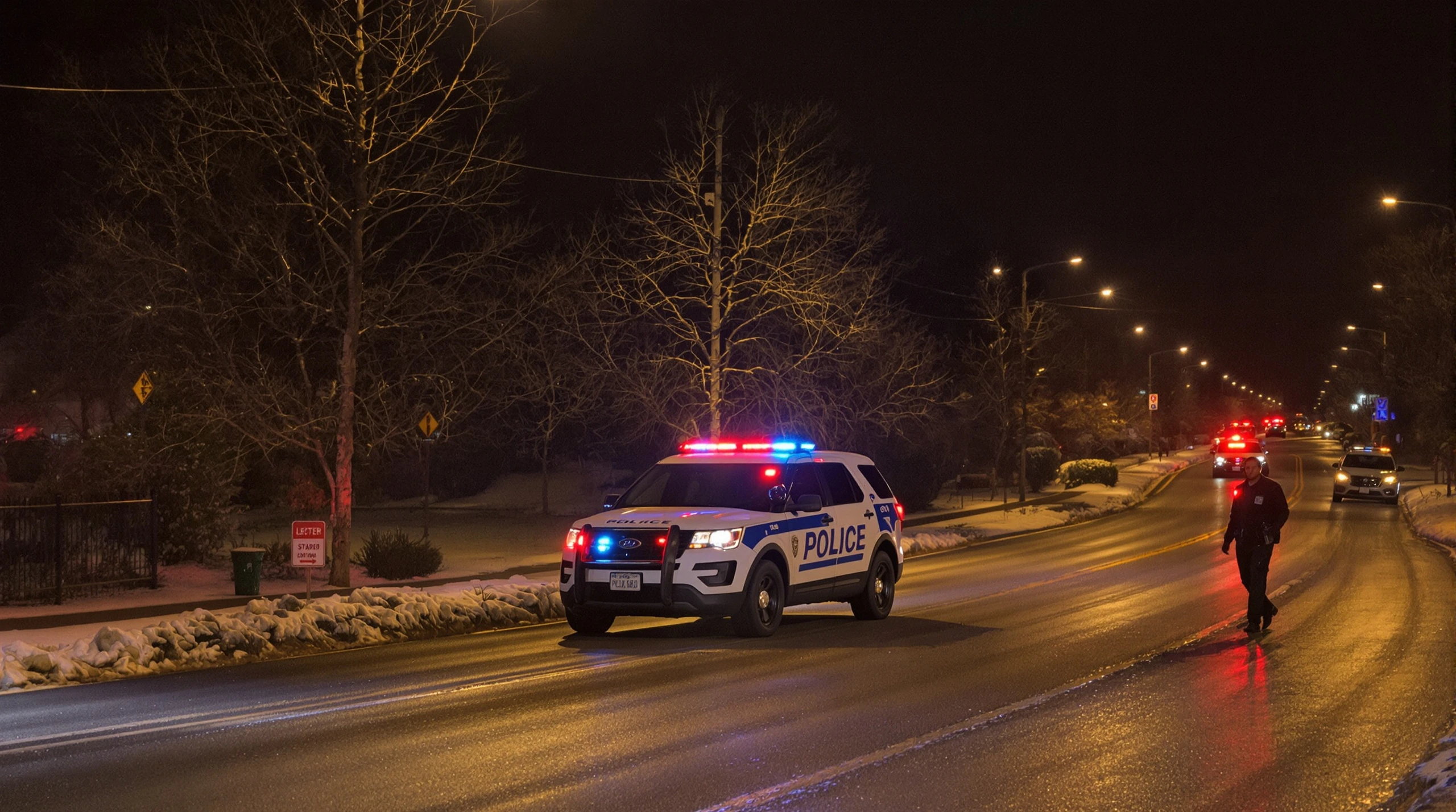 A police SUV parked at night on a snowy suburban road with emergency lights activated.
