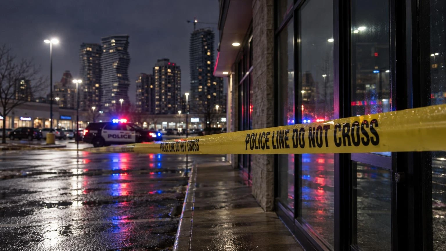 A view of a commercial storefront at night with yellow police tape in the foreground and blurred emergency lights in the background.