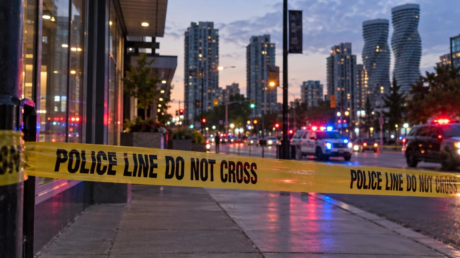 A close-up shot of yellow police tape stretched across a sidewalk at dusk, with blurred red and blue emergency lights in the background.