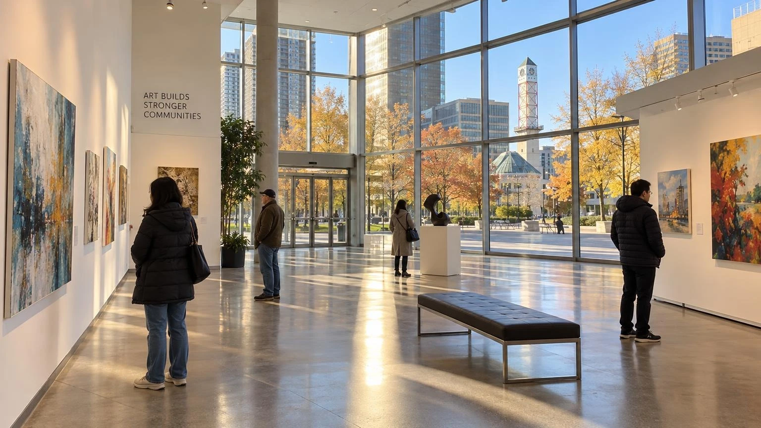 Visitors viewing an art exhibition in a bright community arts centre lobby, with autumn trees visible through large windows.