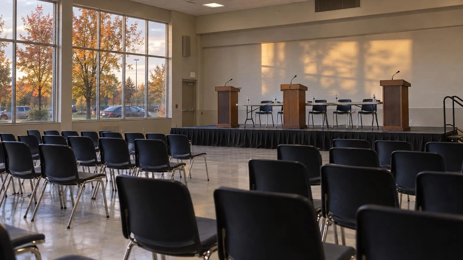 An empty community hall with a row of candidate chairs and podiums at the front, set up for a forum, with audience seating and autumn light through the windows.