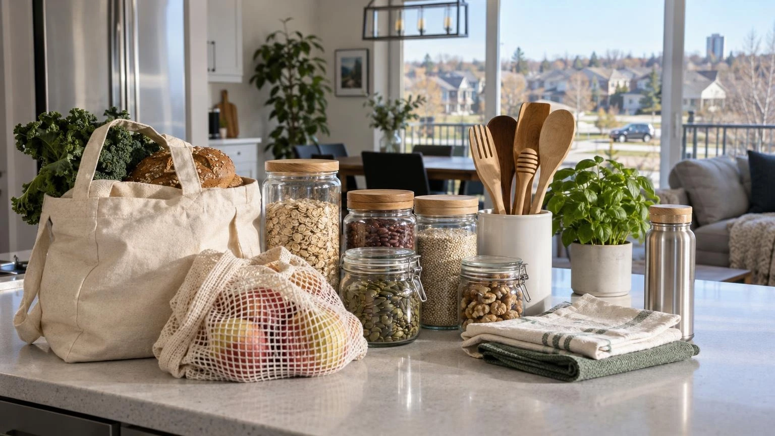 A close-up of reusable glass jars and fabric bags on a wooden surface in a bright kitchen setting.