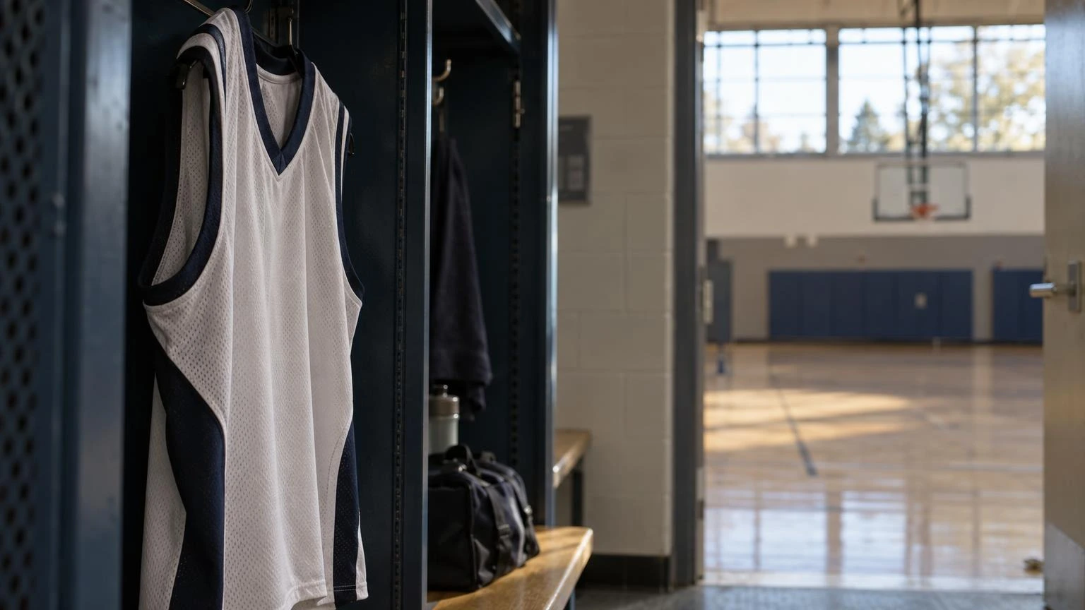 A close-up of a sports jersey hanging in a school locker room.