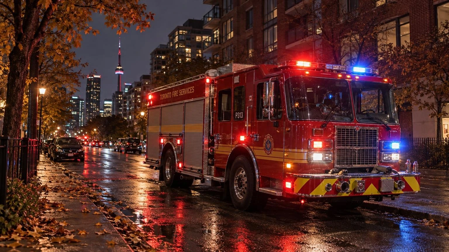 A fire truck with emergency lights on a downtown Toronto street at night.