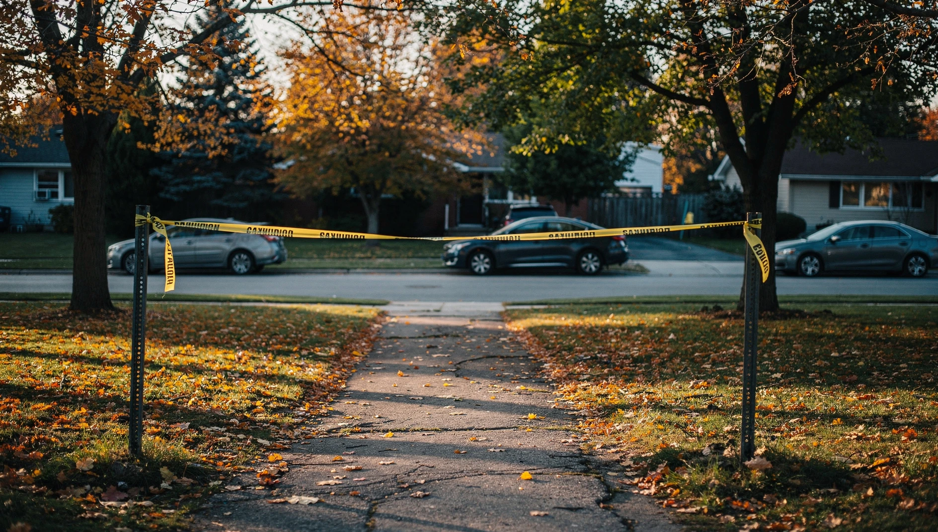 Police caution tape across a park pathway in a suburban neighbourhood in autumn.