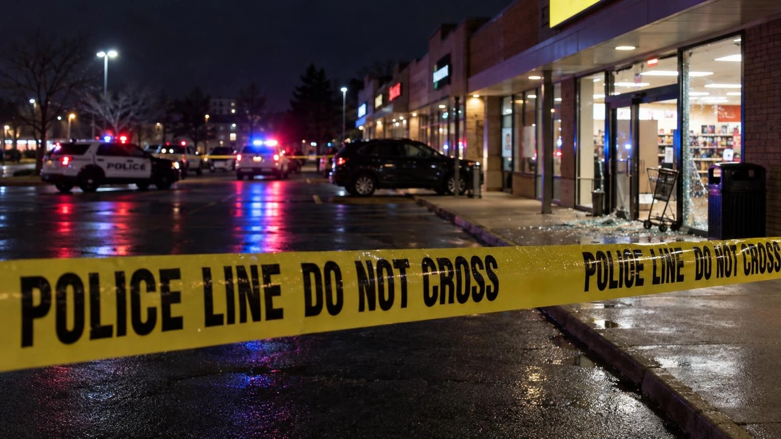 A close-up of yellow police tape stretched across a storefront at night, with blurred emergency lights in the background.